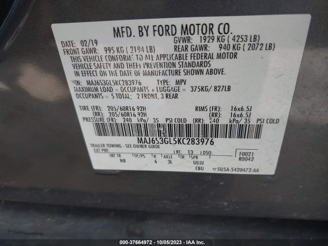 2019 FORD ECOSPORT SE VIN: MAJ6S3GL5KC283976