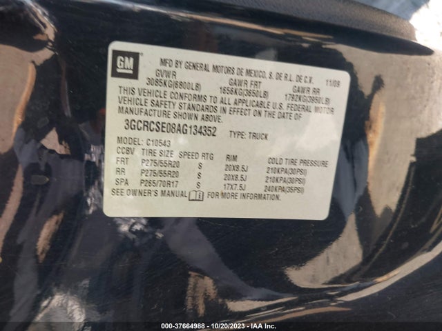 2010 CHEVROLET SILVERADO 1500 LT VIN: 3GCRCSE08AG134352