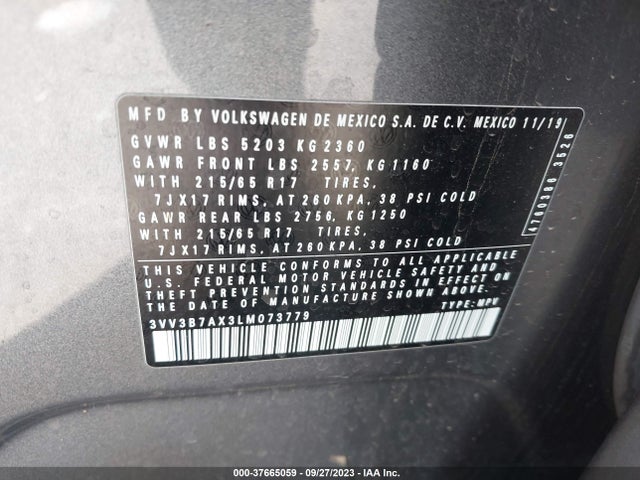 3VV3B7AX3LM073779 Volkswagen Tiguan Se/sel/se R-line Black