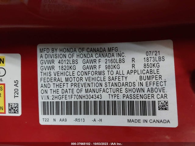 2022 HONDA CIVIC EX VIN: 2HGFE1F70NH304343