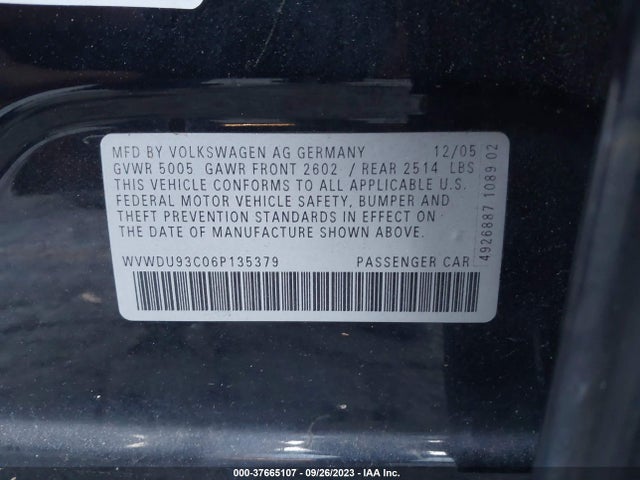 2006 VOLKSWAGEN PASSAT SEDAN 3.6L V6 VIN: WVWDU93C06P135379