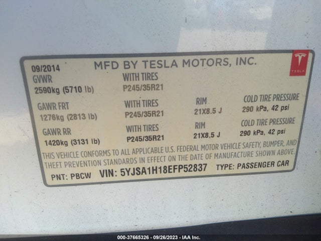 5YJSA1H18EFP52837 Tesla Model S 60 Kwh Battery/p85