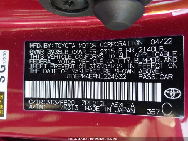 Toyota COROLLA LE 2022 JTDEPMAE9NJ224632 Image 9