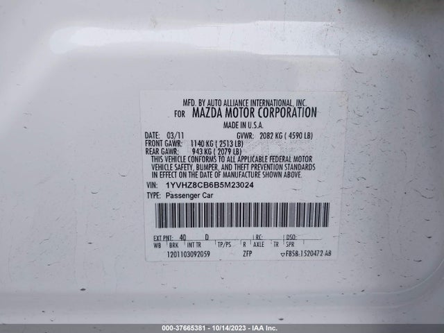 2011 MAZDA MAZDA6 S GRAND TOURING VIN: 1YVHZ8CB6B5M23024