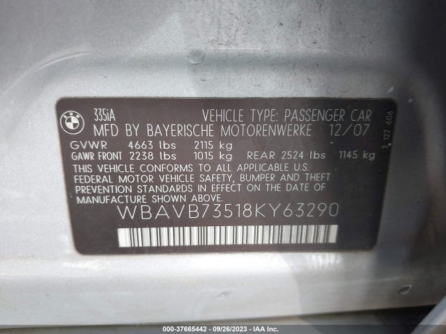 2008 BMW 3 SERIES 335I VIN: WBAVB73518KY63290