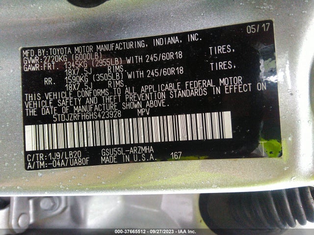 Toyota Highlander Xle/se 2017 5TDJZRFH6HS423928 Image 9