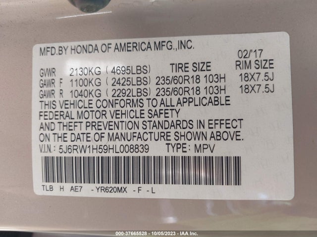Honda CR-V EX 2017 5J6RW1H59HL008839 Image 9