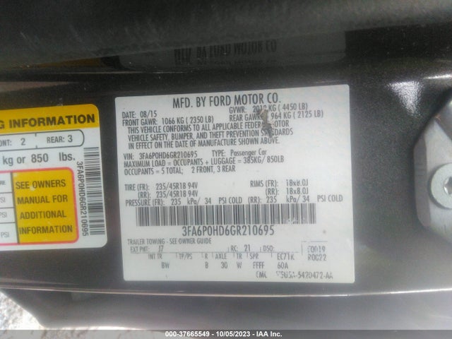 Ford FUSION SE 2016 3FA6P0HD6GR210695 Image 9