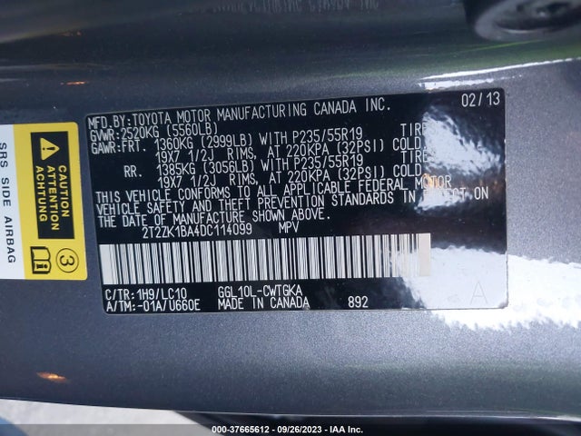 2013 LEXUS RX 350 VIN: 2T2ZK1BA4DC114099