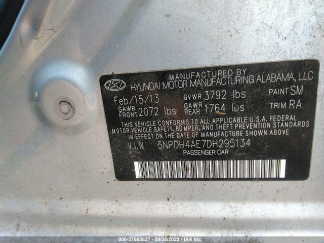 2013 HYUNDAI ELANTRA GLS VIN: 5NPDH4AE7DH295134