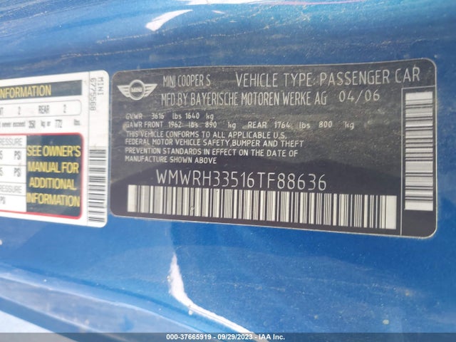 2006 MINI COOPER S WMWRH33516TF88636 Photo 8
