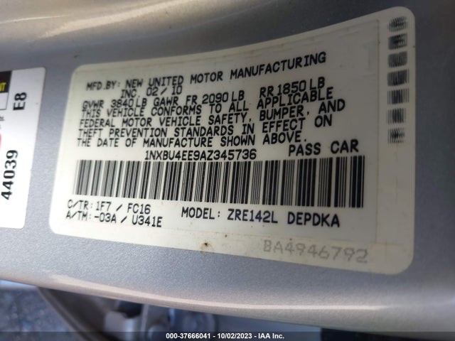 2010 TOYOTA COROLLA VIN: 1NXBU4EE9AZ345736