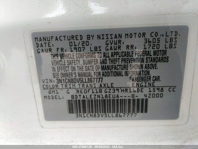 2020 NISSAN VERSA S XTRONIC CVT VIN: 3N1CN8DV5LL867777
