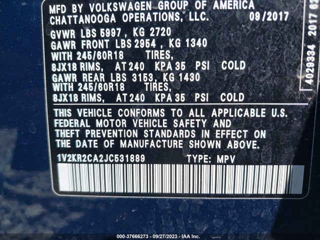 1V2KR2CA2JC531889 Volkswagen Atlas 3.6l V6 Se