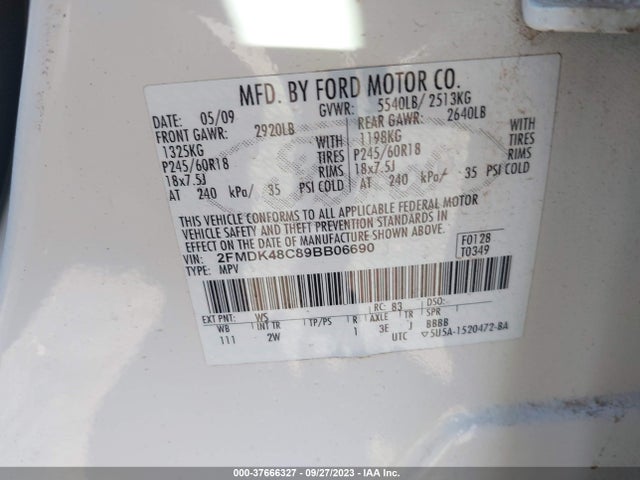 2009 FORD EDGE SEL VIN: 2FMDK48C89BB06690