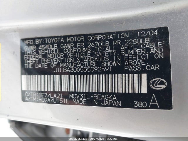 2005 LEXUS ES 330 VIN: JTHBA30G555092591