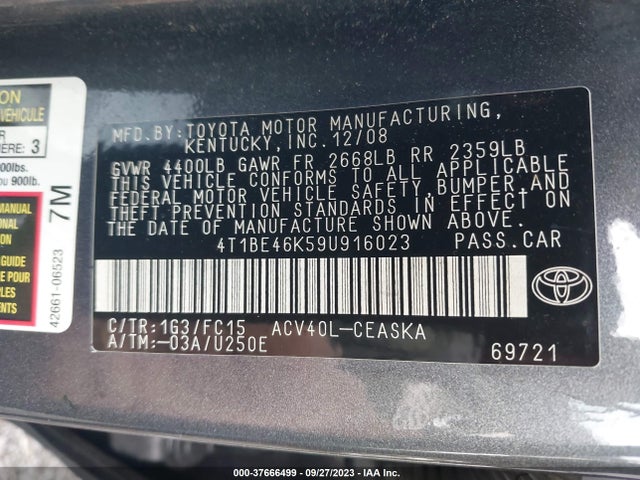 Aukcja sprzedaży 2009 Toyota Camry, vin: 4T1BE46K59U916023, numer aukcji: 37666499