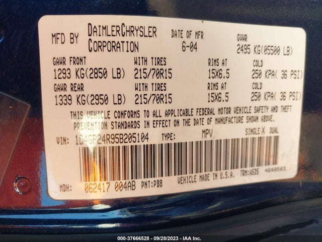 2005 DODGE GRAND CARAVAN SE VIN: 1D4GP24R95B205104