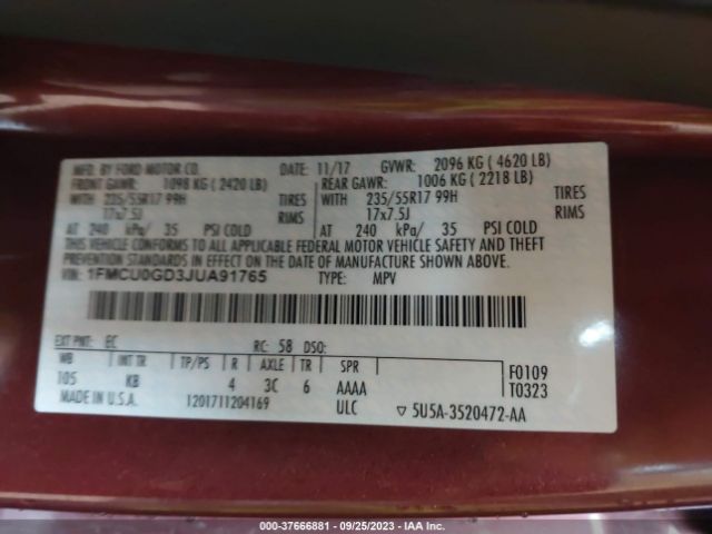 1FMCU0GD3JUA91765 Ford ESCAPE SE