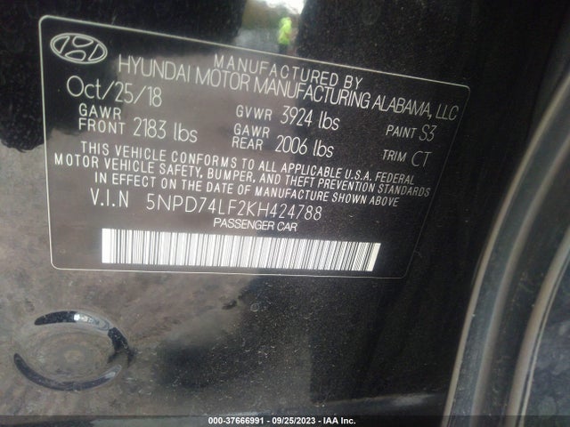 2019 HYUNDAI ELANTRA SE VIN: 5NPD74LF2KH424788