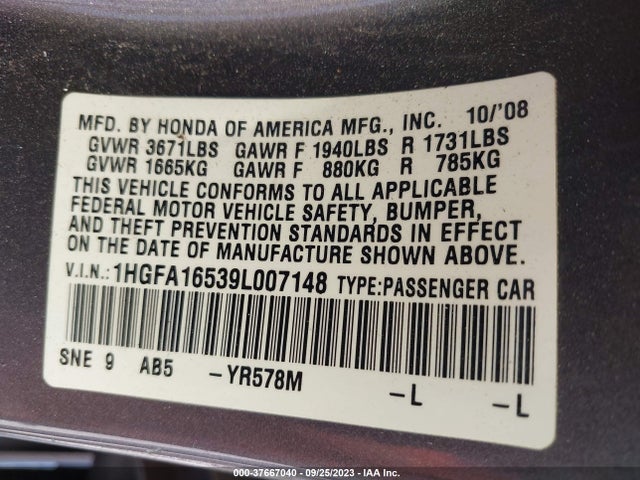 2009 HONDA CIVIC SDN LX VIN: 1HGFA16539L007148