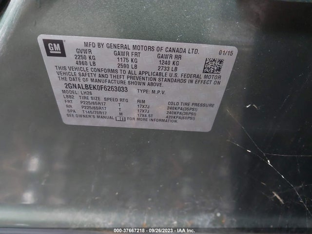 2015 CHEVROLET EQUINOX LT VIN: 2GNALBEK0F6263033