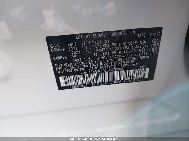 2020 SUBARU ASCENT LIMITED VIN: 4S4WMAPD2L3479985