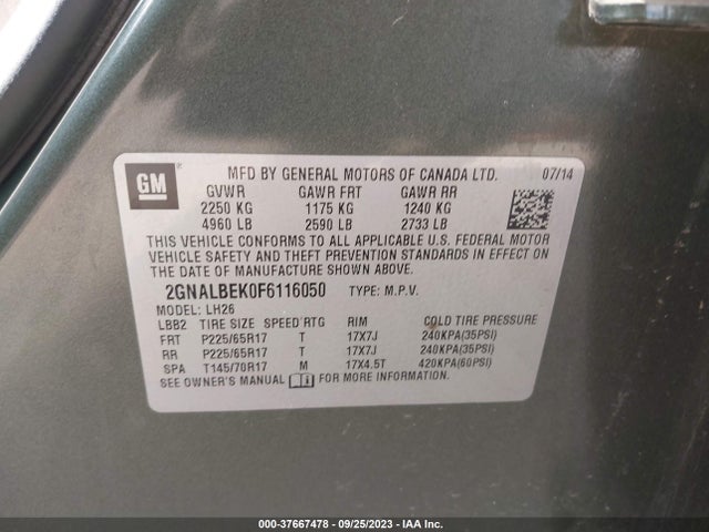 Chevrolet EQUINOX 1LT 2015 2GNALBEK0F6116050 Image 9