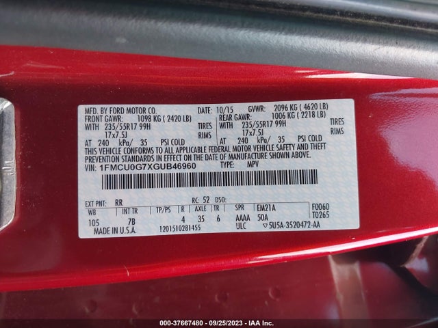 37667480 :رقم المزاد ، 1FMCU0G7XGUB46960 vin ، 2016 Ford Escape Se مزاد بيع