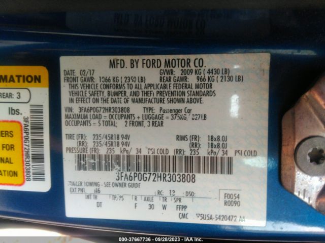 3FA6P0G72HR303808 Ford FUSION S