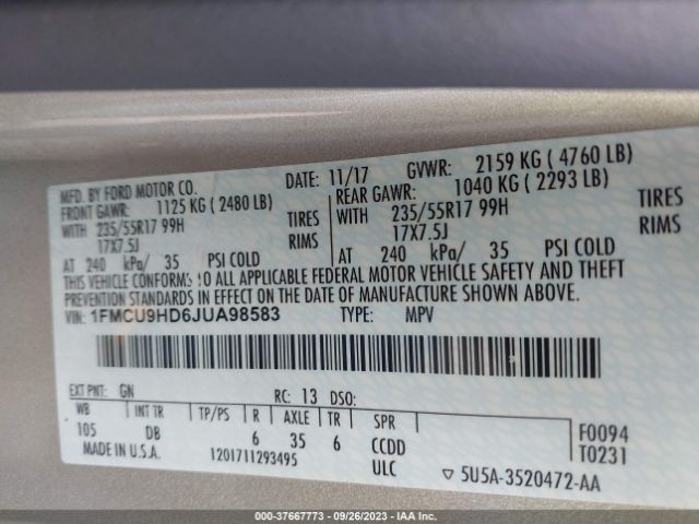 1FMCU9HD6JUA98583 Ford ESCAPE SEL
