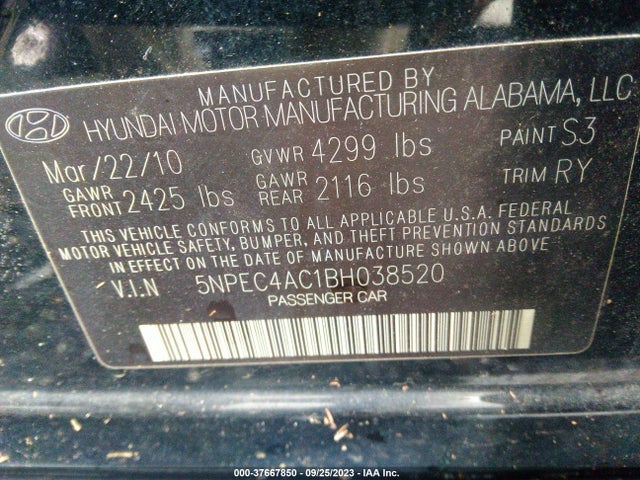 2011 HYUNDAI SONATA SE VIN: 5NPEC4AC1BH038520