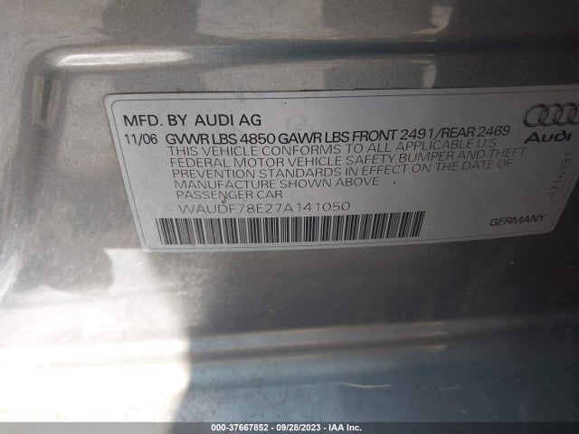 2007 AUDI A4 2.0T VIN: WAUDF78E27A141050
