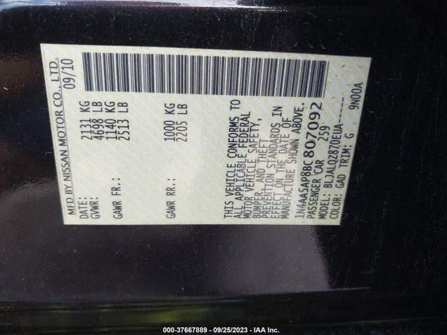 2011 NISSAN MAXIMA 3.5 S VIN: 1N4AA5AP8BC807092