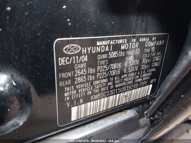 2005 HYUNDAI SANTA FE GLS VIN: KM8SC13D15U939299