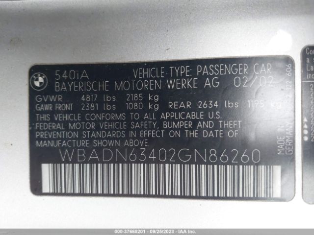 2002 BMW 5 SERIES WBADN63402GN86260 Photo 8