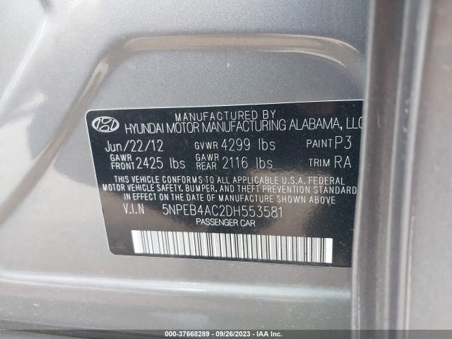 2013 HYUNDAI SONATA GLS PZEV VIN: 5NPEB4AC2DH553581