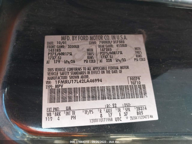 2002 FORD EXPEDITION EDDIE BAUER VIN: 1FMRU17L42LA46994