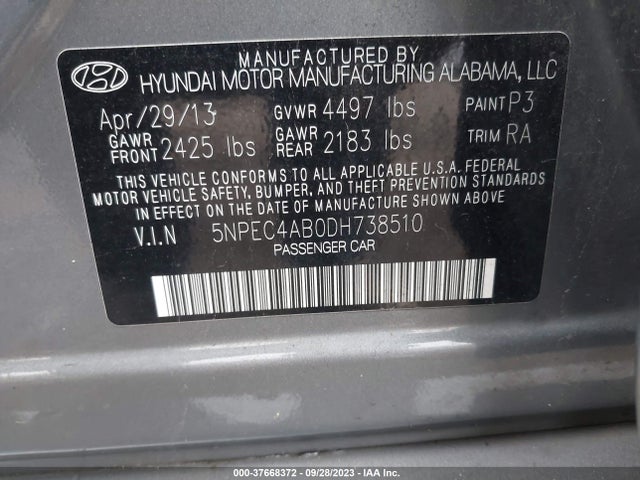 2013 HYUNDAI SONATA LIMITED VIN: 5NPEC4AB0DH738510