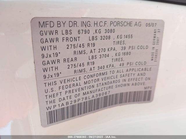 2008 PORSCHE CAYENNE WP1AB29P78LA38067 Photo 8