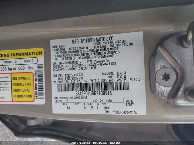 2016 FORD FUSION SE HYBRID VIN: 3FA6P0LU8GR130516