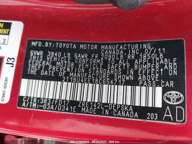 2011 TOYOTA COROLLA L/LE/S VIN: 2T1BU4EE1BC654717