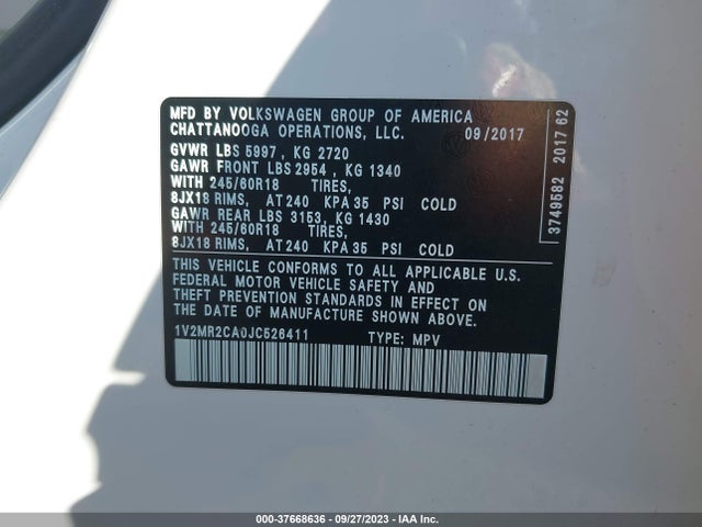 1V2MR2CA0JC526411 Volkswagen Atlas 3.6l V6 Sel