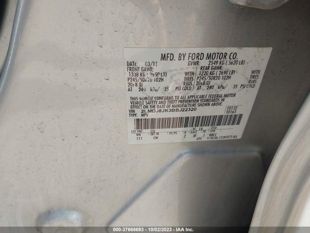 2011 LINCOLN MKX VIN: 2LMDJ8JK3BBJ22320