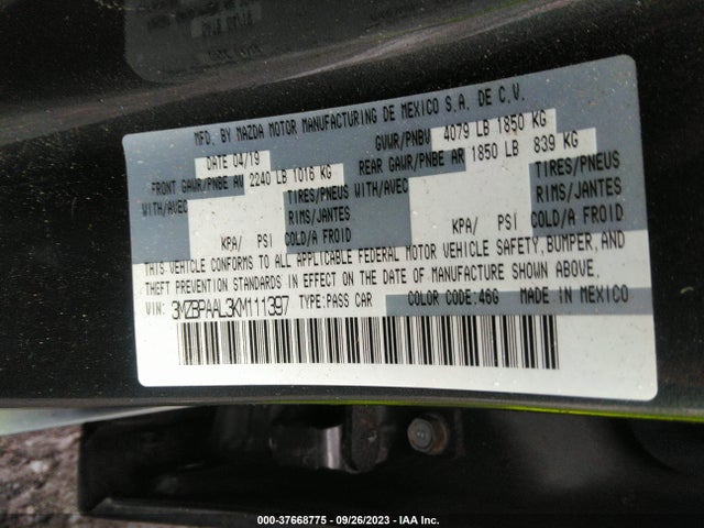 2019 MAZDA MAZDA3 SELECT PACKAGE VIN: 3MZBPAAL3KM111397