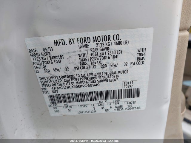 2011 FORD ESCAPE LIMITED VIN: 1FMCU9EG9BKC65949