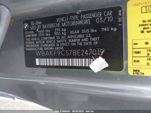 2011 BMW 3 SERIES 335I XDRIVE VIN: WBAKF9C57BE247019