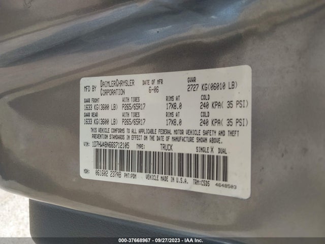Aukcja sprzedaży 2006 Dodge Dakota Slt, vin: 1D7HW48N66S712105, numer aukcji: 37668967