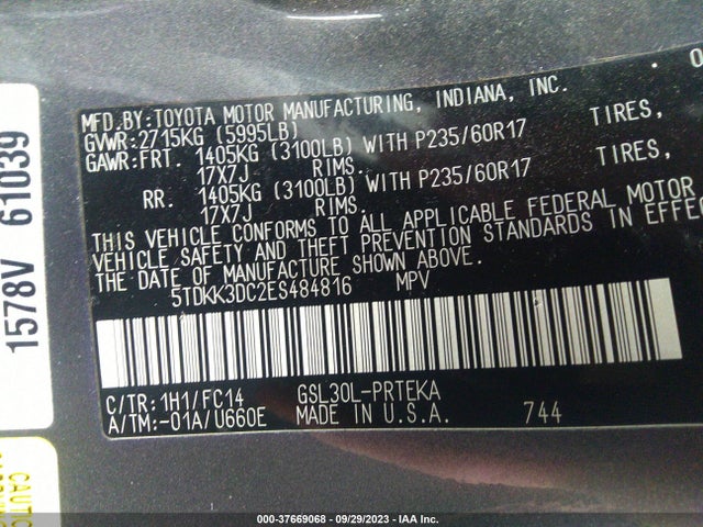 2014 TOYOTA SIENNA LE VIN: 5TDKK3DC2ES484816