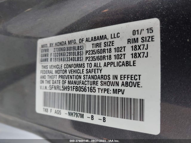 2015 HONDA ODYSSEY TOURING VIN: 5FNRL5H91FB056165